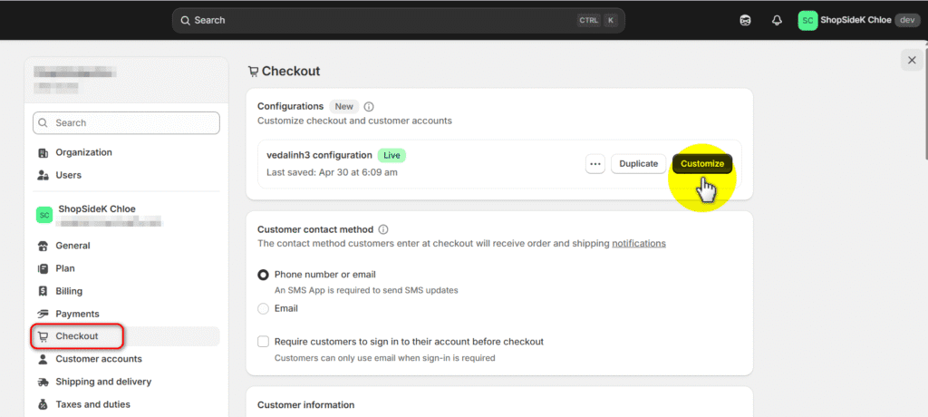 configure Shopify checkout