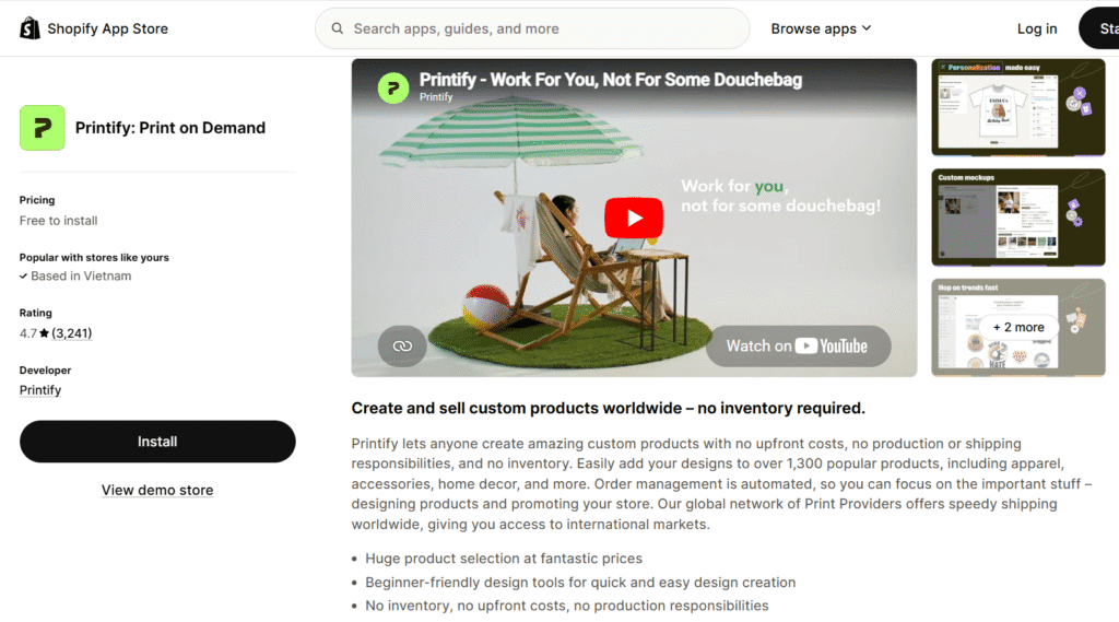 printify shopify app listing