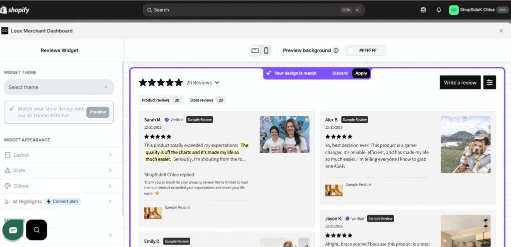 AI Gen reviews widget style