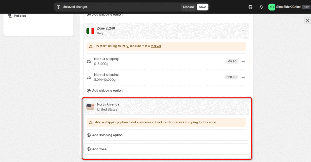 Add shipping zone