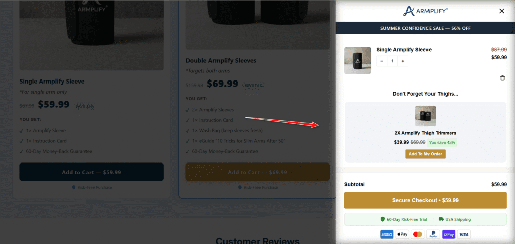 Armplify uses kaching cartdrawer cart upsell