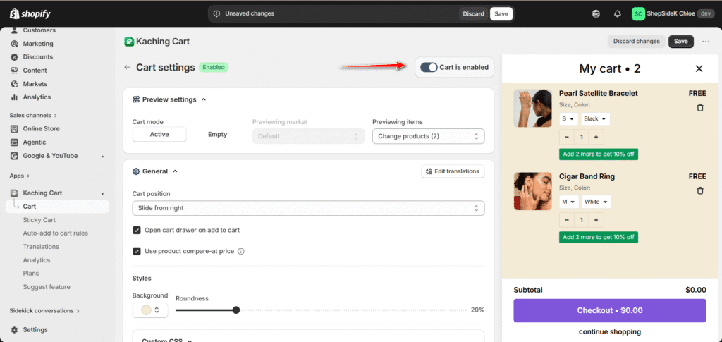 Customize Kaching Cart settings
