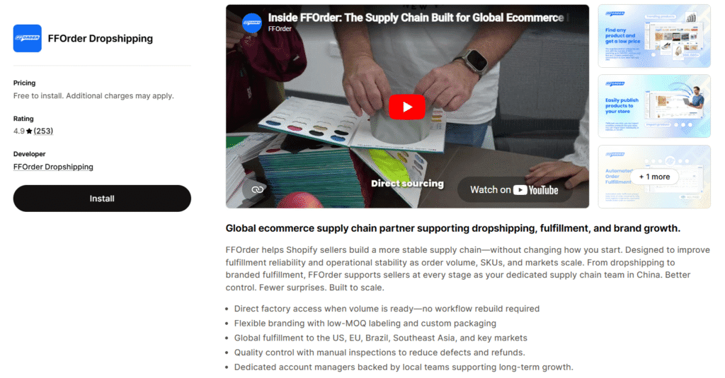 FFOrder Dropshipping Shopify app listing