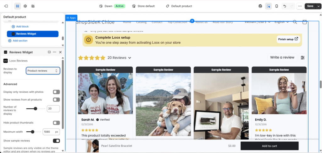 Insert Loox reviews widget in Shopify theme customizer