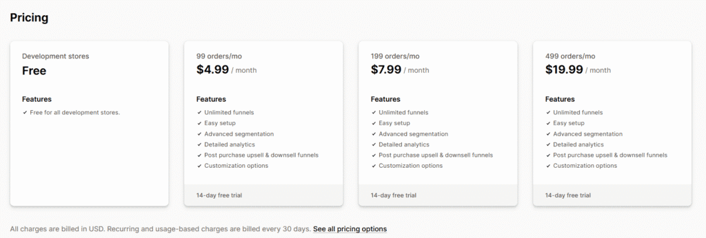 Kaching post purchase upsell pricing plan