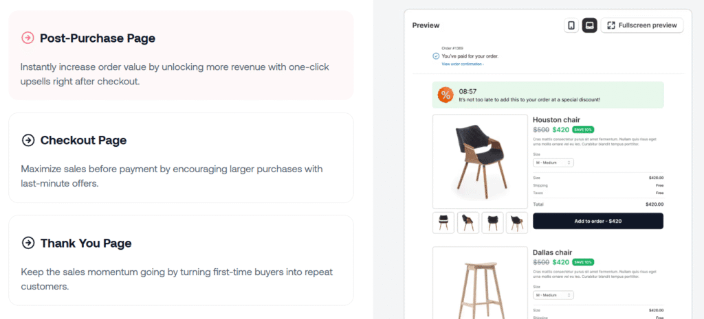 Kaching post purchase upsell types
