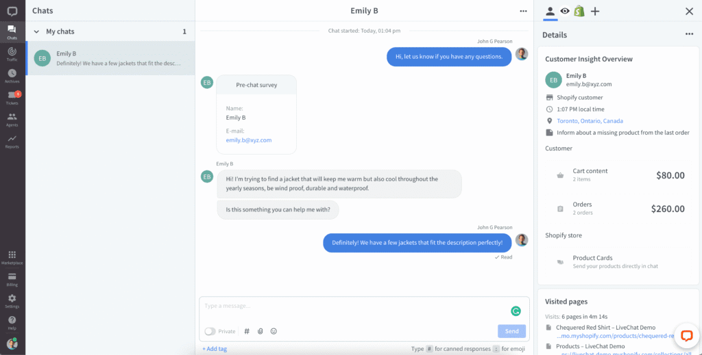 LiveChat shows order information