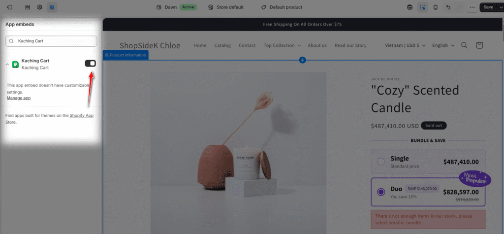 activate Kaching Cart on theme editor