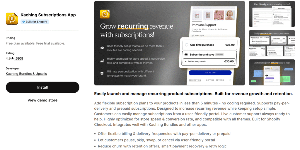 kaching subscriptions shopify app listing