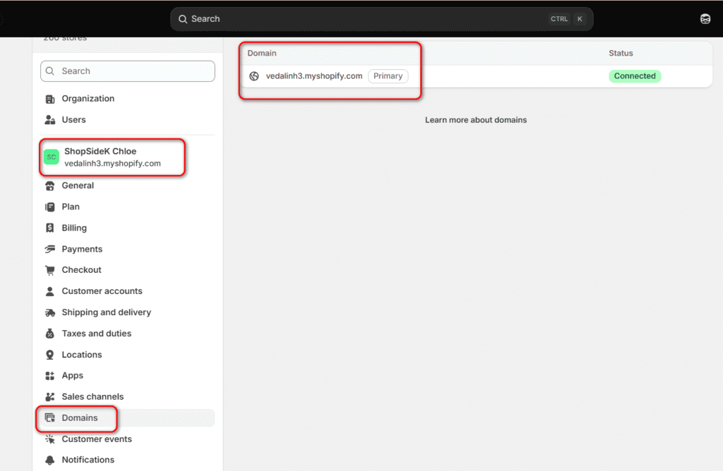 myshopify domain settings
